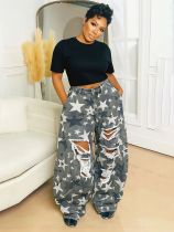 EVE Plus Size Washed Camouflage Star Print Ripped Jeans GYLN-8407
