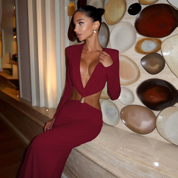 EVE V Neck Long Sleeve Maxi Dress XEF-K25D78556