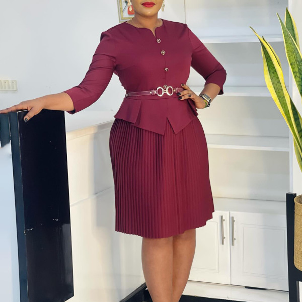 EVE Plus Size Solid Color Press Pleated Midi Dress GATE-595