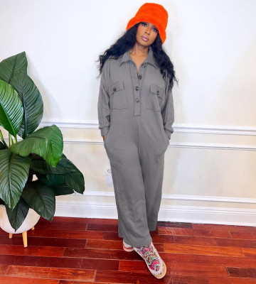 EVE Plus Size Long Sleeve Lapel Wide Leg Jumpsuit NY-3713