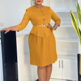 EVE Plus Size Solid Color Press Pleated Midi Dress GATE-595