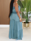 EVE Solid Color Wrap Chest Denim Maxi Dress AIL-331