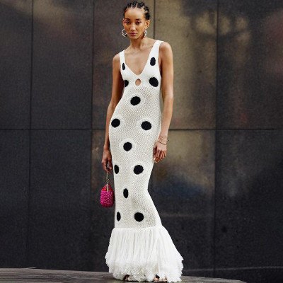 EVE Black Polka-dot Sleeveless Tassel Long Dress GSLF-W25D78177