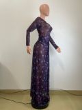 EVE Mesh Print Long Sleeve Split Maxi Dress QODY-6067