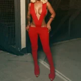 EVE Deep V Neck Tie Up Bodysuit Pants Suit  XEF-K25S78349