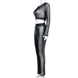 EVE Sexy Mesh See Through Patchwork T Shirt Pant Suit GYHF-9075SD