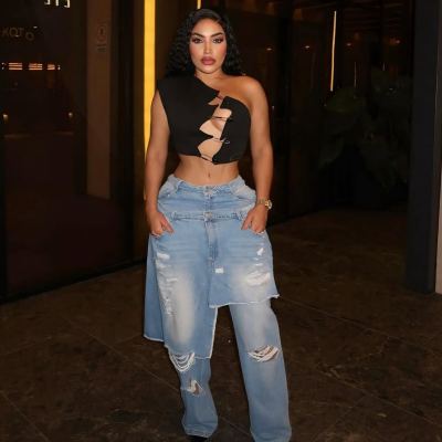 EVE Fashion Apron Ripped Straight-Leg Jeans MEM-88661