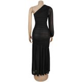 EVE Single Shoulder Long Sleeve Mesh Maxi Dress BY-7500