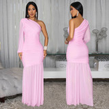 EVE Single Shoulder Long Sleeve Mesh Maxi Dress BY-7500