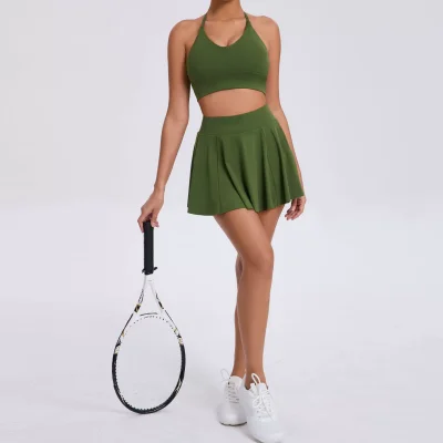 EVE Sport Solid Halterneck Tank Tops Pleated Skirts Set GQSA-9904