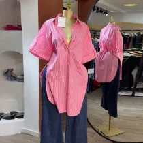 EVE Stripe Short Sleeve Midi-lenght Shirt GCNE-72938