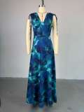 EVE Print V Neck Drawstring Maxi Dress GMSF-9247