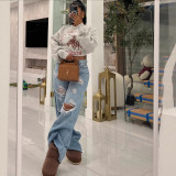 EVE Hollow Out Nail Buckle Straight Jeans LSD-2542