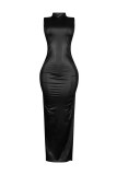 EVE Sleeveless PU Leather Split Maxi Dress OLYF-6191