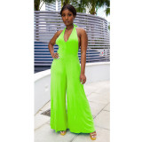 EVE Halterneck Backless Solid Loose Jumspuit GCNF-0174