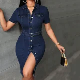 EVE Retro Breasted Denim Midi Dress GDAM-218733