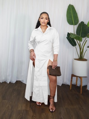 EVE V Neck Solid Color Split Shirt Dress GFDY-1359