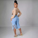 EVE Fashion Tassel Holes Denim Fifth Pants GSXK-SK511006