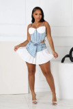 EVE Satin Patchwork Sling Denim Short Skirt Set YRST-T139