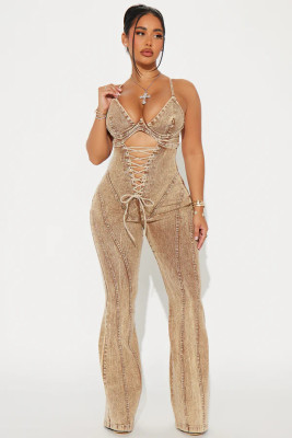 EVE Hollow Out Bandage Denim Sling Jumpsuit YRST-T065