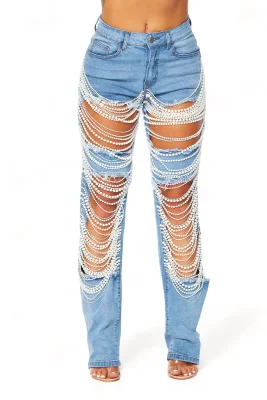 EVE Chain Bead Hollow Out Straight Leg Jeans YUMT-YMT323