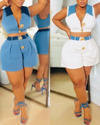 EVE V Neck Color Block Two Piece Shorts Set YRST-T115