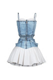 EVE Satin Patchwork Sling Denim Short Skirt Set YRST-T139