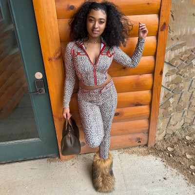 EVE Leopard Print Zipper Patchwork 2 Piece Pants Set DLSF-K25S80683