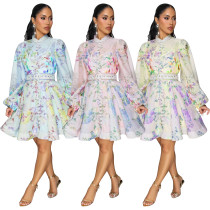 EVE Printed Lantern Sleeve Mini Dress(With Belt) YF-10872