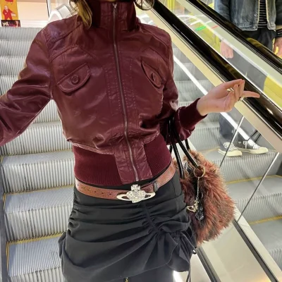 EVE Solid Color Long Sleeve PU Leather Coats GLRF-NK42850