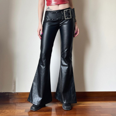 EVE PU Leather Solid Color Flare Pants GLRF-NK43298