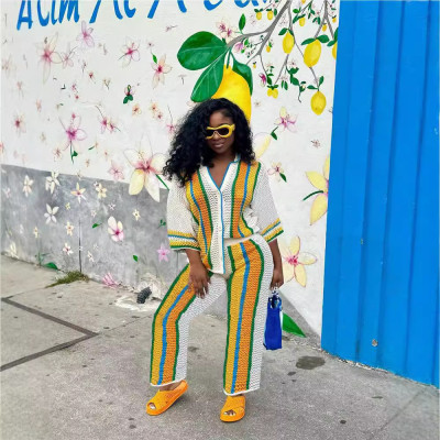 EVE Hollow Out Stripe Knits Two Piece Pant Set QXTF-83020