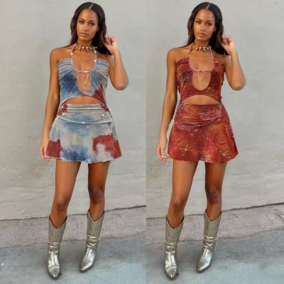 EVE Hollow Out Patchwork Print Mini Dress GOLB-4128