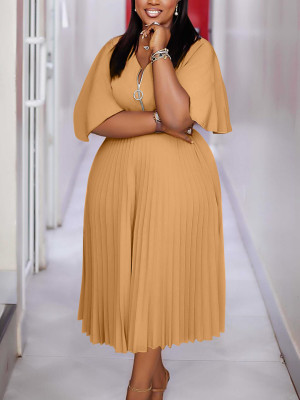 EVE Plus Size Solid Color Pleated Maxi Dress NNWF-8120