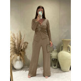 EVE Jacquard Pleated V-neck Wide Leg Pants Set ASL-6807