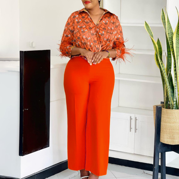 EVE Plus Size Long Sleeve Print Loose Two Piece Pants Set GMLF-3342