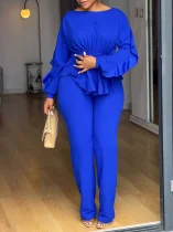 EVE Plus Size Solid Color Ruffles Tops Two Piece Pants Set GMLF-3345