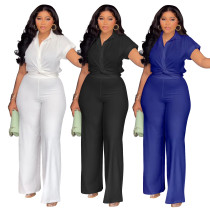EVE Plus Size Solid Color Shirt Two Piece Pants Set NNWF-8088