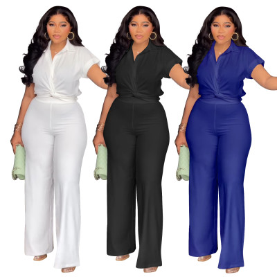 EVE Plus Size Solid Color Shirt Two Piece Pants Set NNWF-8088