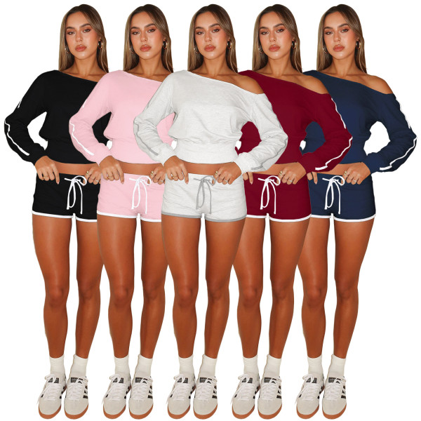 EVE Slash Shoulder Tie Up Two Piece Shorts Set ASL-6803