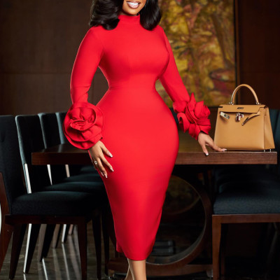 EVE Plus Size Solid Color Long Sleeve Midi Dress GCZF-8638