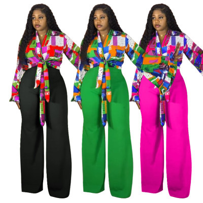 EVE Plus Size Print Flare Sleeve Two Piece Pants Set NNWF-8113