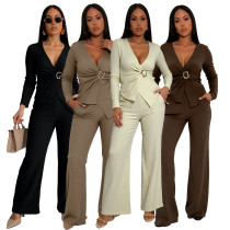 EVE Jacquard Pleated V-neck Wide Leg Pants Set ASL-6807