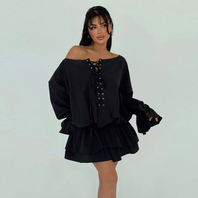 EVE One Shoulder Solid Color Flare Sleeve Mini Dress GYME-K25D76712