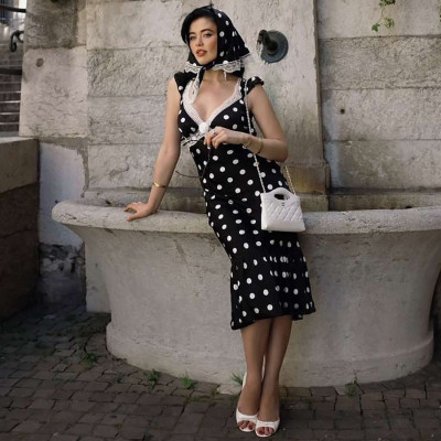 EVE Polka Dot Print V-neck Backless Midi Dress GYME-K25D79208