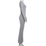 EVE Solid Color V Neck Tight Flare Jumpsuit GYME-K25Q78481