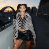 EVE Striped Lapel Zipper Fur Jacket GYME-K25C79854