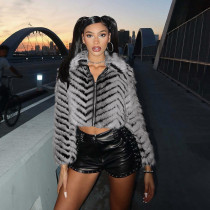 EVE Striped Lapel Zipper Fur Jacket GYME-K25C79854