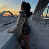 EVE Striped Lapel Zipper Fur Jacket GYME-K25C79854