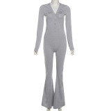 EVE Solid Color V Neck Tight Flare Jumpsuit GYME-K25Q78481